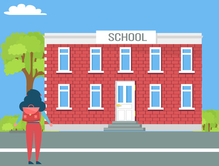 School Two-Storey Building and Girl with Backpackのイラスト素材