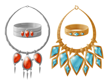 Silver and gold collection of jewelry pieces, bracelet and necklace with precious stones, chains set vector illustration isolated on white backgroundのイラスト素材