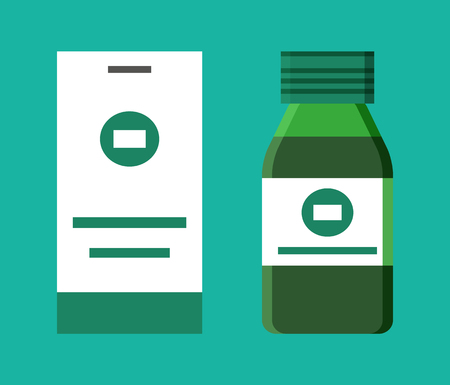 Herbal tasty syrup for sore throat in glass bottle near cardboard pack. Sweet liquid medication inside special container isolated vector illustration.のイラスト素材