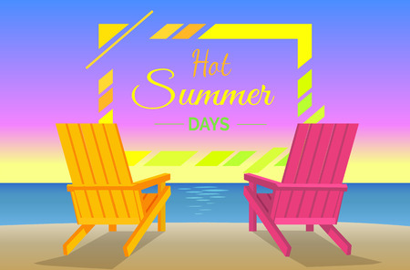Hot summer days poster with sunbeds, pair of chaise-lounges at coastline flat vector illustration, two chairs on beach near sea or ocean summertime.のイラスト素材