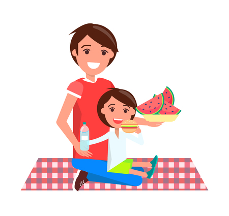 Father and daughter on picnic, sitting on squared blanket, dad holding plate with watermelon slices, girl eating cheeseburger vector illustrationのイラスト素材