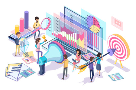 Digital statistics collecting and analyzing poster, vector illustration of different data about internet customers that helps make marketing strategyのイラスト素材