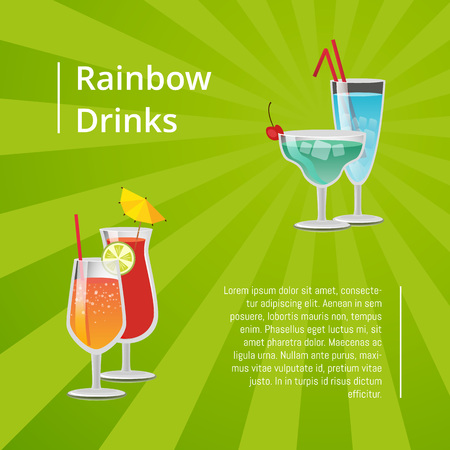 Rainbow drinks summer cocktails poster refreshing summertime juices, advertisement leaflet tropical alcohol beverage decorated by fruits vector bannerのイラスト素材