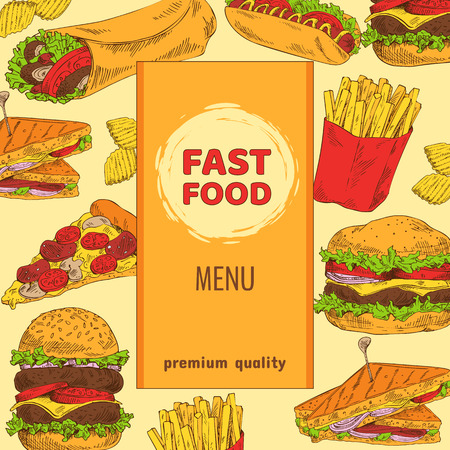 Fast food menu with premium quality colorful card, background consist from snacks, burgers with burrito, fried potato crisps and pizza near hot dogのイラスト素材