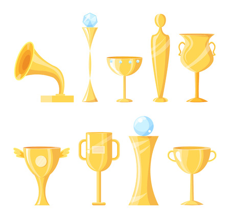 Awards prizes golden icons set. Trophies with labels in form of cup and human body figure. Music winner trophy and diamond stone vector illustrationのイラスト素材