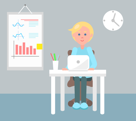 Working office employee color vector illustration, clock and paper with statistical charts and plots on wall, man with laptop sitting by cozy tableのイラスト素材