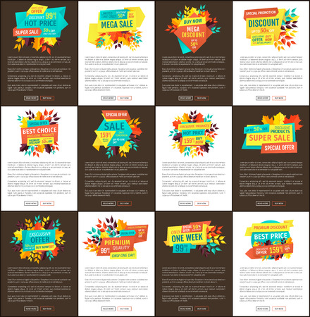 Mega sale and seasonal discount for autumn set. Fall leaves on price reduction banners with text. Special offer or off cartoon vector illustrations.のイラスト素材