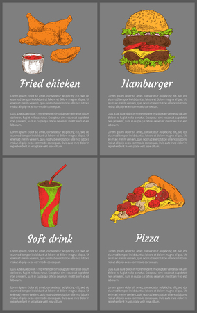 Fried chicken and soft drink. Fast food set drumsticks and ketchup sauce. Hamburger sesame buns beverage in cup with straw posters vector illustrationのイラスト素材