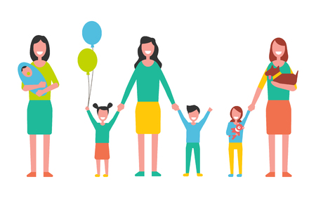 Motherhood concept vector illustration. Woman taking care about new born kids, mother with boy and girl children, pet dog in hands, cartoon charactersのイラスト素材