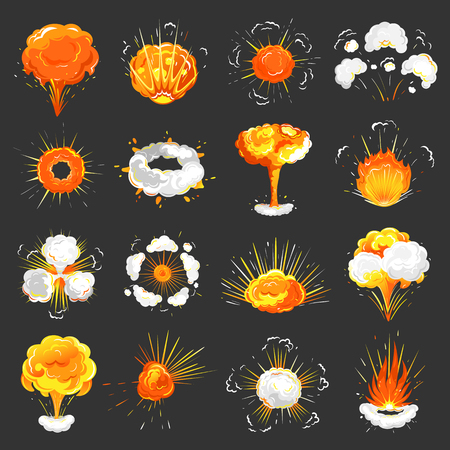 Explosions set isolated icons closeup vector. Set of bangs, splashes and outbreaks with fire and smoke. Different shapes of bursts, blowings up, flashのイラスト素材