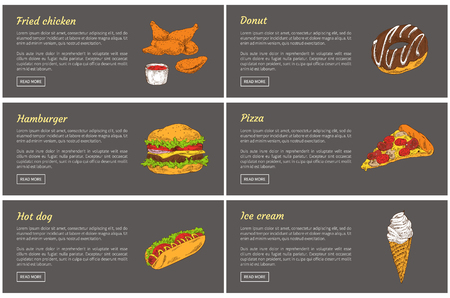 Fried chicken with ketchup and hamburger fast food set. Pizza slice, hot dog and donut with chocolate. Ice-cream with crusty cone vector illustrationのイラスト素材