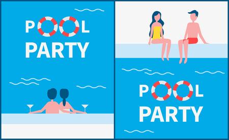 Pool party posters with text set. Romantic couples with alcohol drinking by basin enjoying time spent together. People wearing swimming suits vectorのイラスト素材
