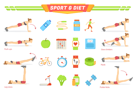 Sport and diet exercises poster with isolated icons vector. Push ups and leg raises, slow climber and plank, flutter kicks. Food and sportive itemsのイラスト素材