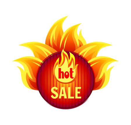 Hot sale best offer round badge with flame splashes isolated on white. Vector advertising promo icon or sign with fire sparkles, shopping discountsのイラスト素材
