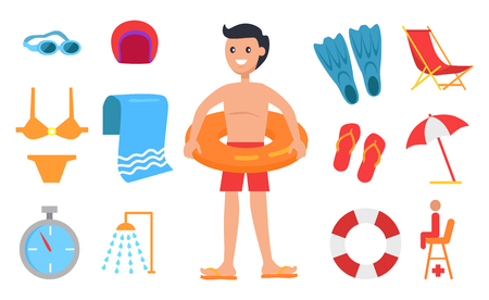 Boy surrounded with swimming equipment icon. Umbrella and towel, shower and stopwatch, sunbed and saver seat, swimwear and flippers, hat and glassesのイラスト素材