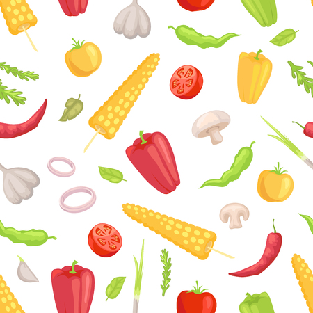 Vegetables veggies seamless pattern. Garlic corn and sweet spicy pepper paprika mushroom tomato slice. Herbs and condiments onion rings vegs vectorのイラスト素材
