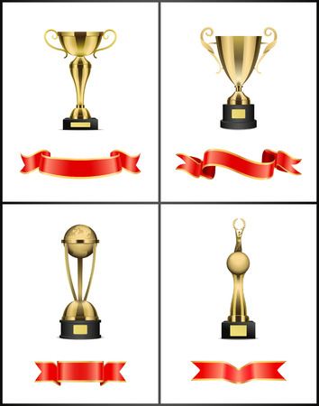 Awards with colorful ribbons icons. Prizes standing on pedestals with red stripes banners. Trophies globe and human figure with laurel wreath vectorのイラスト素材
