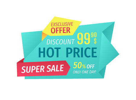 Hot price and super sale phrases for shop sellout isolated. Exclusive special offer and discount title on geometrical tape for store wholesale banner.のイラスト素材