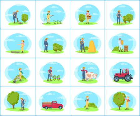 Set of banners with farmer working on farm in cartoon style. Man and woman in uniform watering plants, digging ground and sowing seeds, picking fruitのイラスト素材