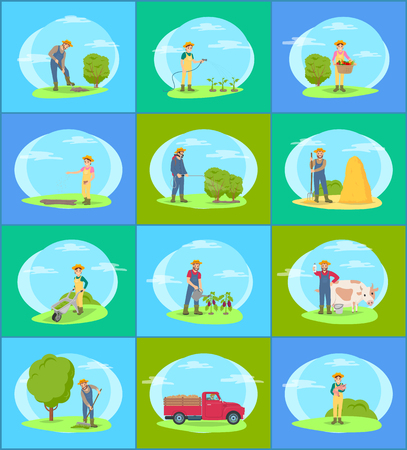 Farmer Working on Farm with Tools Cartoon Setのイラスト素材