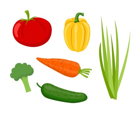 Cucumber and tomatoes, pepper and onion, broccoli and carrot set of vegetables. Isolated icons veggies homegrown products, rural ripe food vectorのイラスト素材