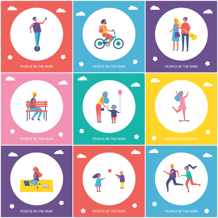 People in Park Cartoon Isolated Vector Banner Setのイラスト素材