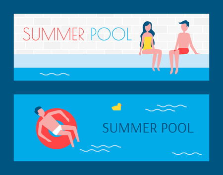 Summer swimming pool set of posters with text sample. People floating on water lifeline couple sitting on poolside enjoying summer vacation vectorのイラスト素材