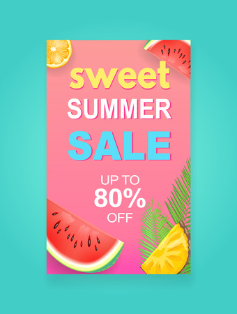 Sweet summer sale vector banner, season discount leaflet sample. Watermelon with seeds and pineapple pieces, orange slices and palm leaves at edgesのイラスト素材