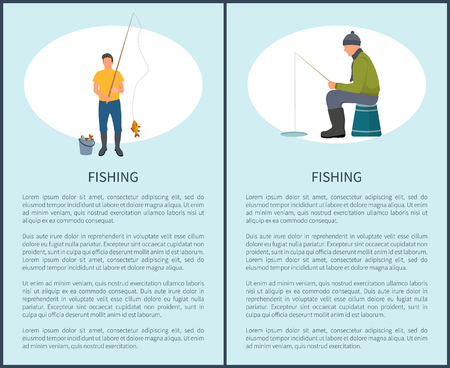 Fishing man fishery posters set with text. Male sitting and waiting for fish to catch bail. Fisherman with rod outdoor activities by water vectorのイラスト素材