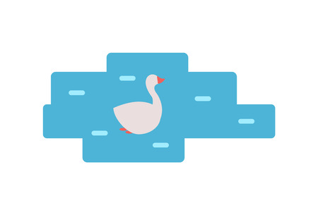 Swan swimming in pond isolated cartoon icon vector animal. Schematic single white bird silhouette with red paws and beak floating in water with wavesのイラスト素材