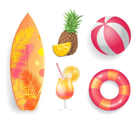 Summer season lifebuoy isolated icons vector. Surfing board and pineapple fruit slice, ball and saving ring with stripes. Cocktail in glass with strawのイラスト素材