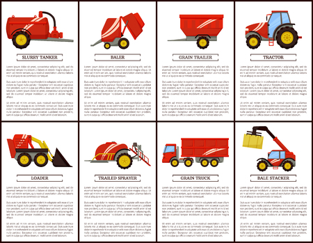 Slurry tanker and baler posters set with text sample. Machinery trailed sprayer and loader. Tractor and grain trailer, truck transporting crop vectorのイラスト素材