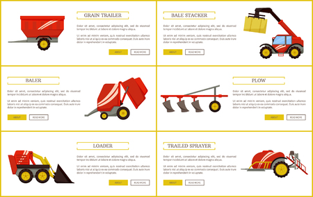 Grain trailer and bale stacker set of posters with text sample vector. Baler and plow, loader and trailed sprayer with reservoir for liquids machineryのイラスト素材