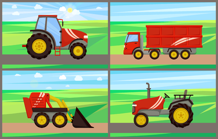 Tractor grain truck working on fields vector. Loader and agrimotor, bulldozer excavator machinery used in farming. Farm land with crops and machinesのイラスト素材