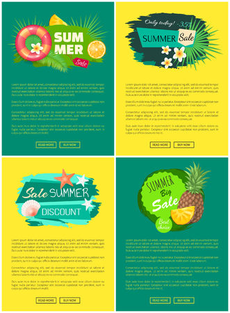 Summer sale tropical banners advertisement labels decorated by orange, pineapple fruits, exotic flowers, inflatable lifebuoy and sea shells vector with textのイラスト素材
