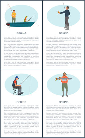 Fishing poster or flyer set. Fisherman in motorboat waiting for rise, sitting man with rod, fisher with tackle and pearch, guy with big catch in handsのイラスト素材