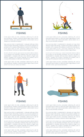 Fishing posters activity set with text samples. Man standing on wooden pier with tackle box and catching aquatic fish. Fisherman wearing waders vectorのイラスト素材