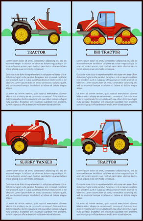 Slurry tanker with reservoir and pipe and different tractors on fields. Posters set with text and agricultural devices and machinery, machines vectorのイラスト素材