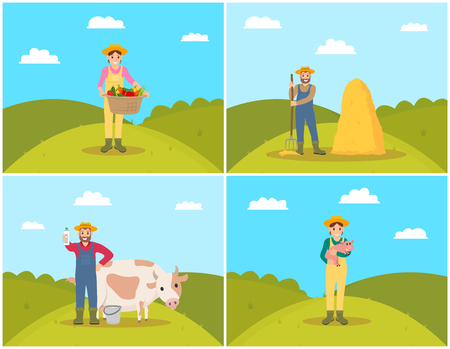 Farmer with pig piglet set vector. Man tending cattle and holding dairy product, farming person with pitchfork by balerick. Woman with wicker basketのイラスト素材