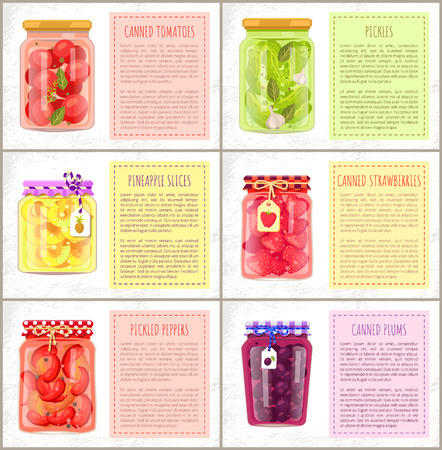 Canned tomatoes, strawberries and plums, pineapple slices, pickled peppers and cucumbers poster. Spicery veggie conserve and sweet fruit preserve set.のイラスト素材