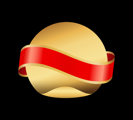 Ribbon red stripe and circle made of gold. Golden rounded shape empty banner for text sample or slogan. Curved swirl tape with yellow borders vectorのイラスト素材