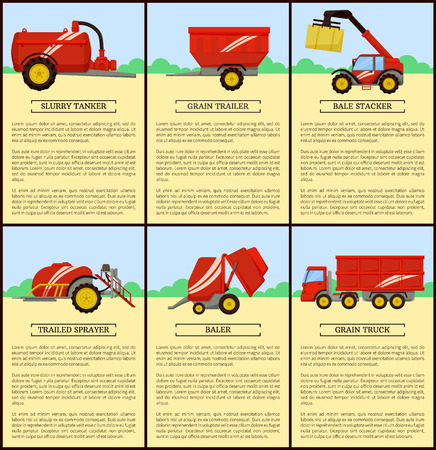 Slurry tanker and grain trailer, agricultural machines posters with text. Bale stacker and bale compressing hay. Grain truck, trailed sprayer vectorのイラスト素材