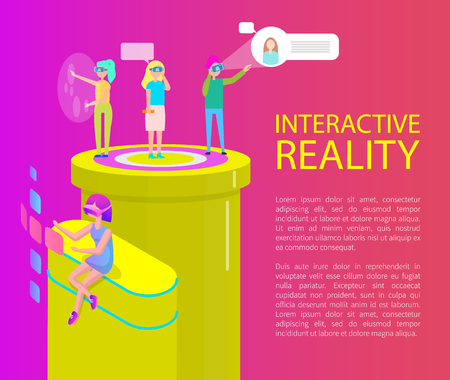 Interactive virtual reality cartoon banner vector set. Group people playing video games using digital glasses and projecting picture, 3d isometricのイラスト素材