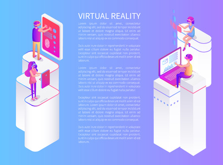 Virtual reality, interactive poster with man and big touch screen with prints. Woman and vr goggles, laptop usage and editable text sample vectorのイラスト素材