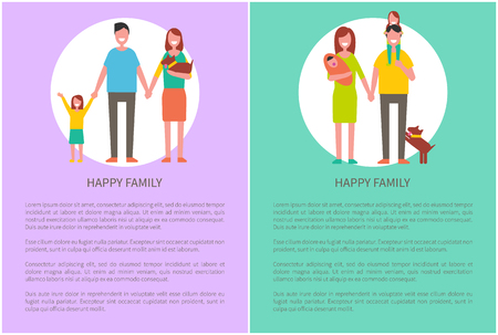 Happy family mother, father and son isolated in circle poster with text. Dad, mom and little kid on arms, newborn child and pet. Spending time togetherのイラスト素材