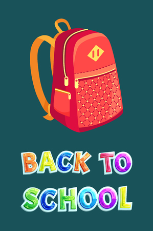 Back to school bag poster with colorful text. Backpack with lines zipper closed rucksack for pupils students. Pack of red color to carry books vectorのイラスト素材