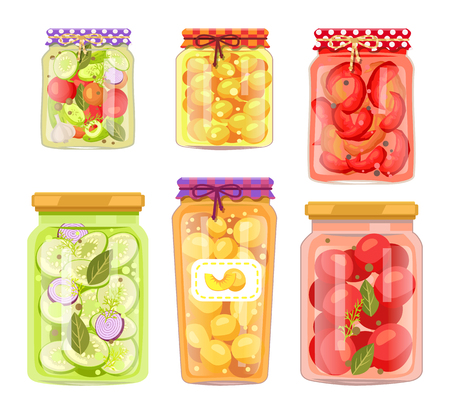 Vector homemade fruit and vegetable conservation jars set isolated. Berry compote or marmalade, pickled tomato, cucumber and marrow veggie bottles.のイラスト素材
