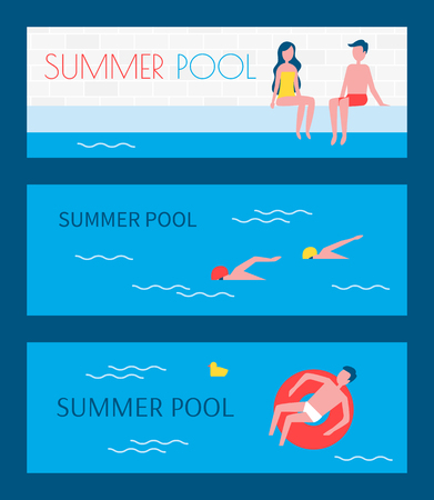 Summer pool swimming basins posters set. People sitting on poolside man floating on water surface in red lifebuoy. Male and couple in love vectorのイラスト素材