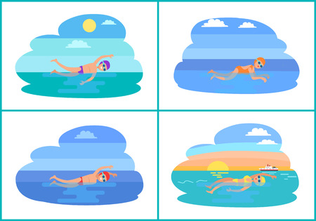 People swimming in water cartoon vector icon. Sportsman in swimsuit, glasses and hat floating different styles, isolated on landscape, sport themeのイラスト素材