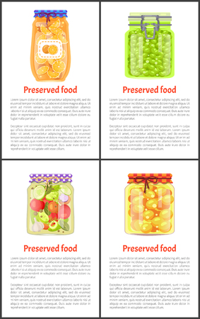 Preserved healthy food in jars banner with text. Ripe oranges, juicy grapes, tomatoes with garlic and greenery, tasty apricots vector illustration.のイラスト素材